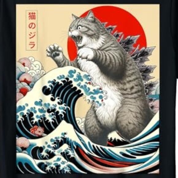 Catzilla Japanese Art Funny Cat Lovers Graphic Retro Gift Unisex Style T-Shirt05 - Picture 2 of 5